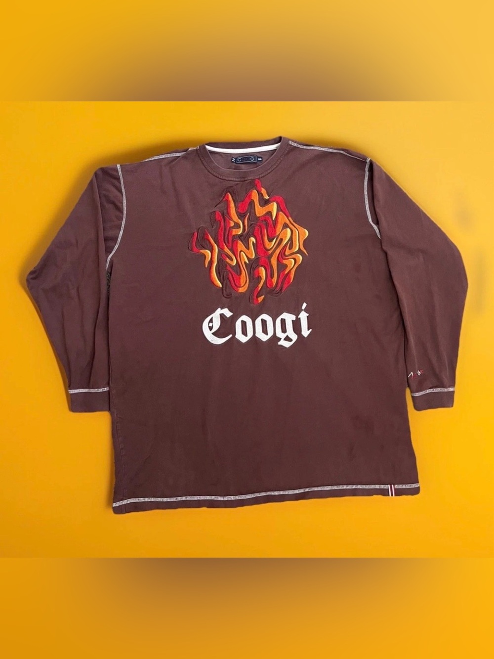 Coogi Men's Brown Long-Sleeve Graphic T-Shirt VTG Y2K with Flame Motif Mens 3XL